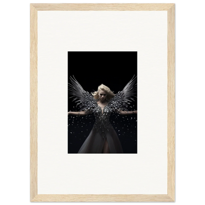 Angelic figure with dark wings in black dress for ether echoes framed wall art decor