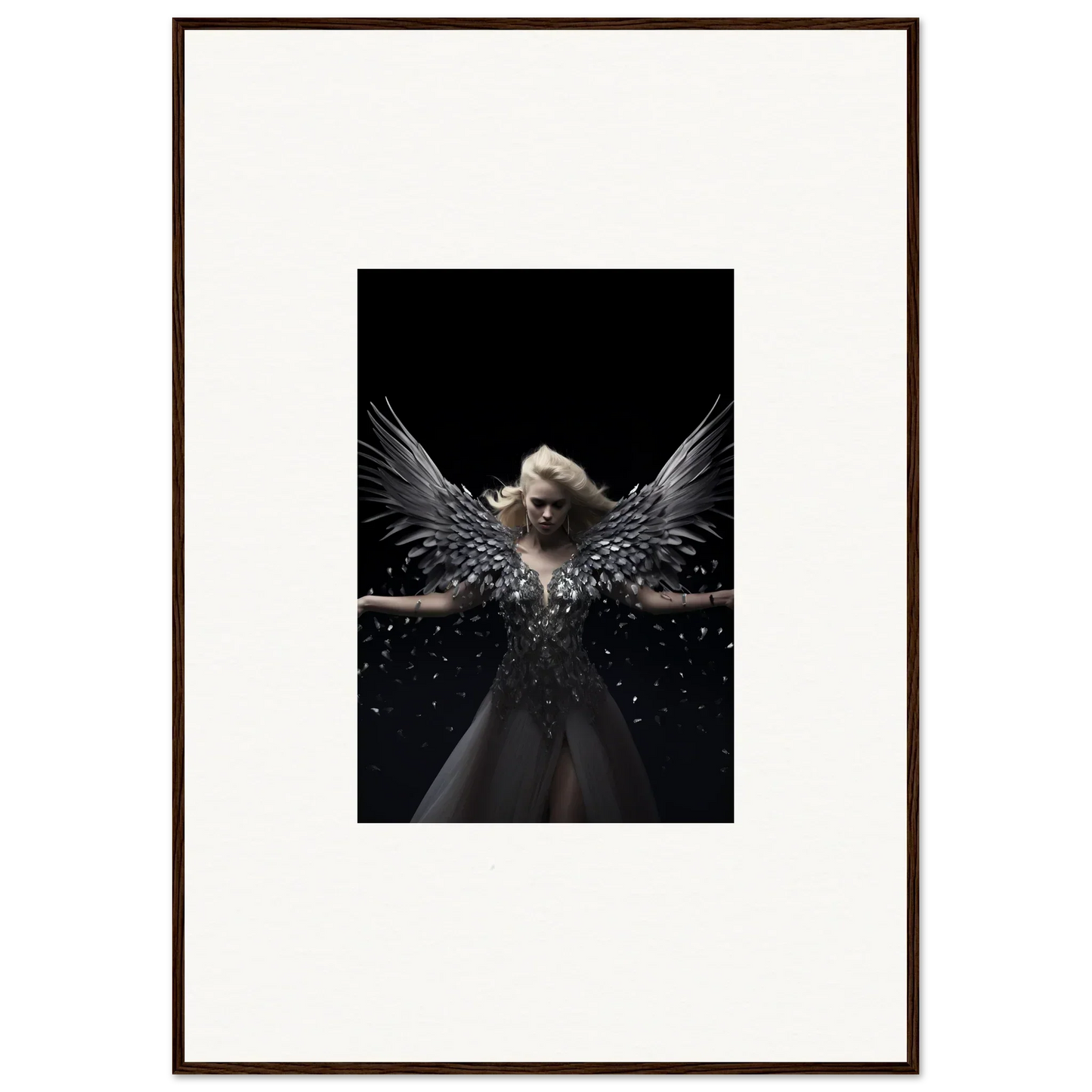 Angelic figure with dark wings in Ether Echoes framed wall art for unique room decor