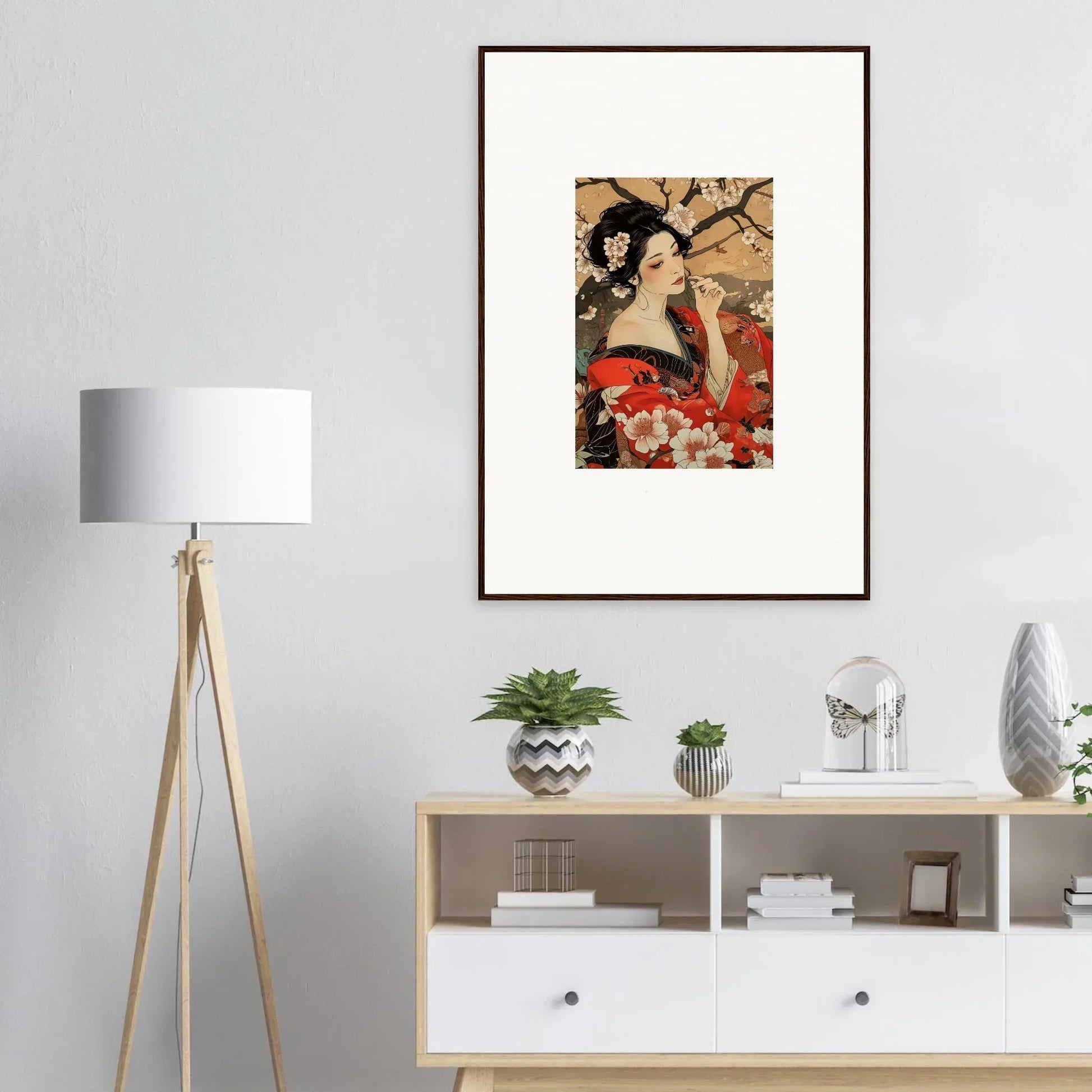 Framed wall art of a geisha in red floral accents from the special edition art™ collection