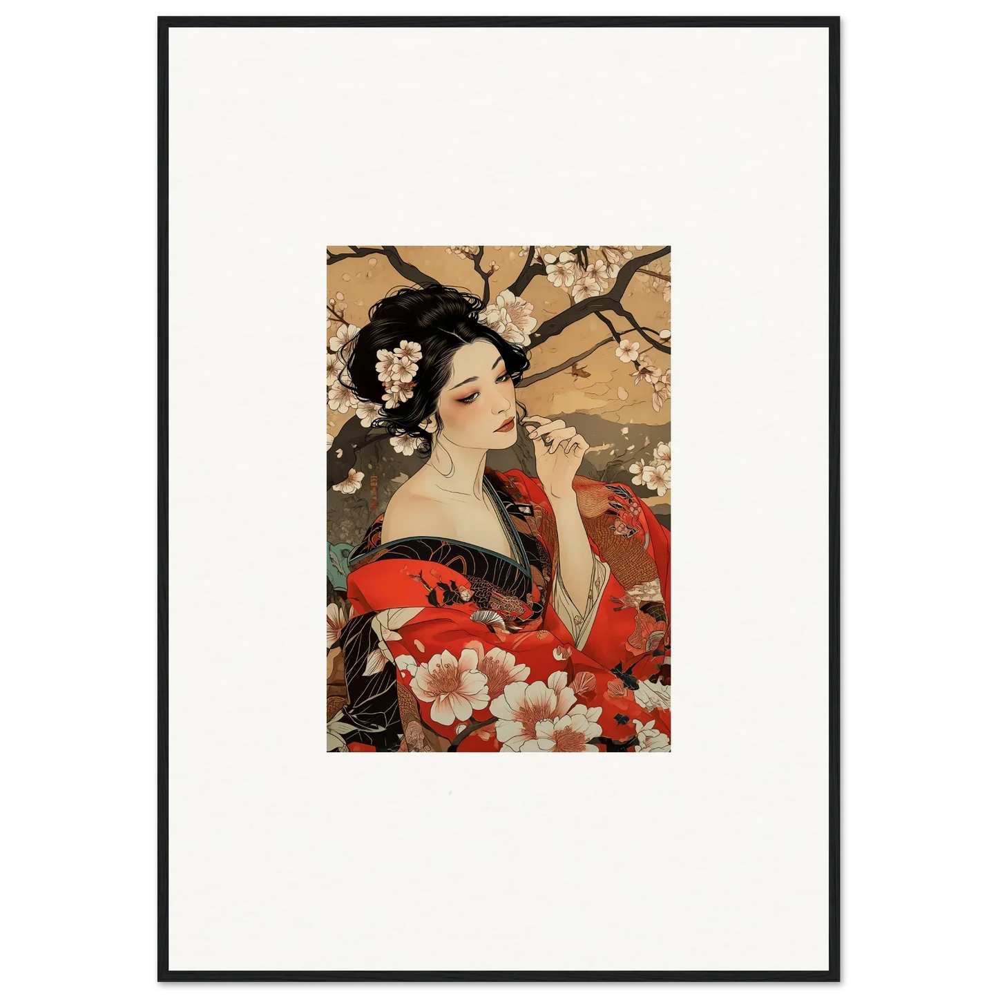 Japanese art print of a woman in a red kimono amidst cherry blossoms for premium framed wall art