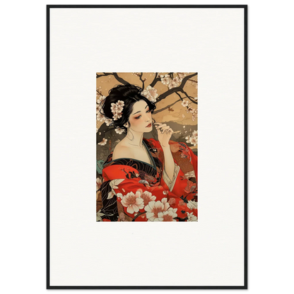 Japanese art print of a woman in a red kimono amidst cherry blossoms for premium framed wall art