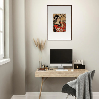 Minimalist wooden desk with an iMac and premium framed wall art, Wisps of Eternity