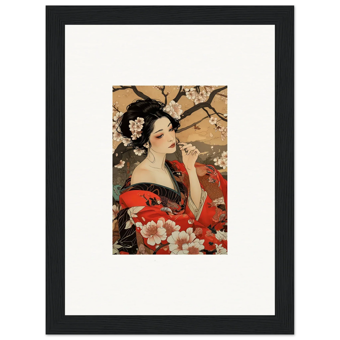 Framed Japanese art print of a geisha among cherry blossoms, perfect for premium framed wall decor