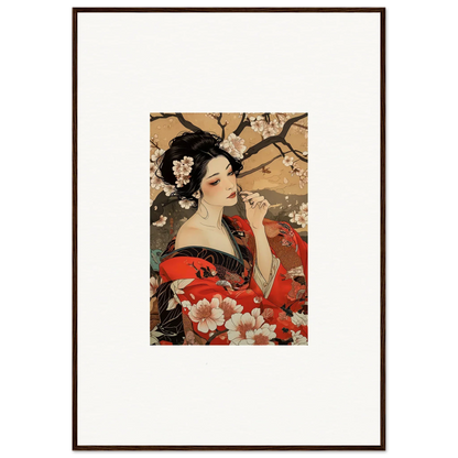 Traditional Japanese art print of a woman in red kimono with cherry blossoms for premium framed wall art