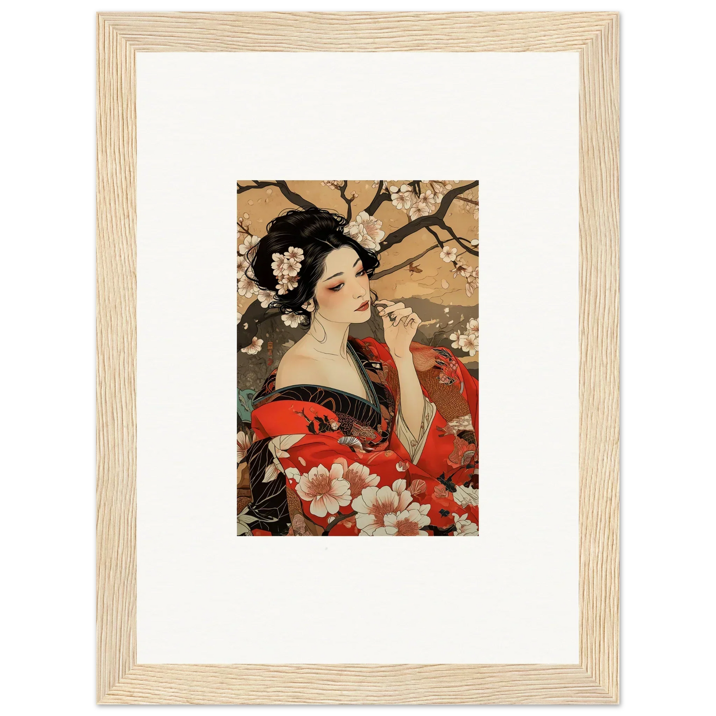 Framed wall art of a woman in a red kimono with cherry blossoms in Wisps of Eternity