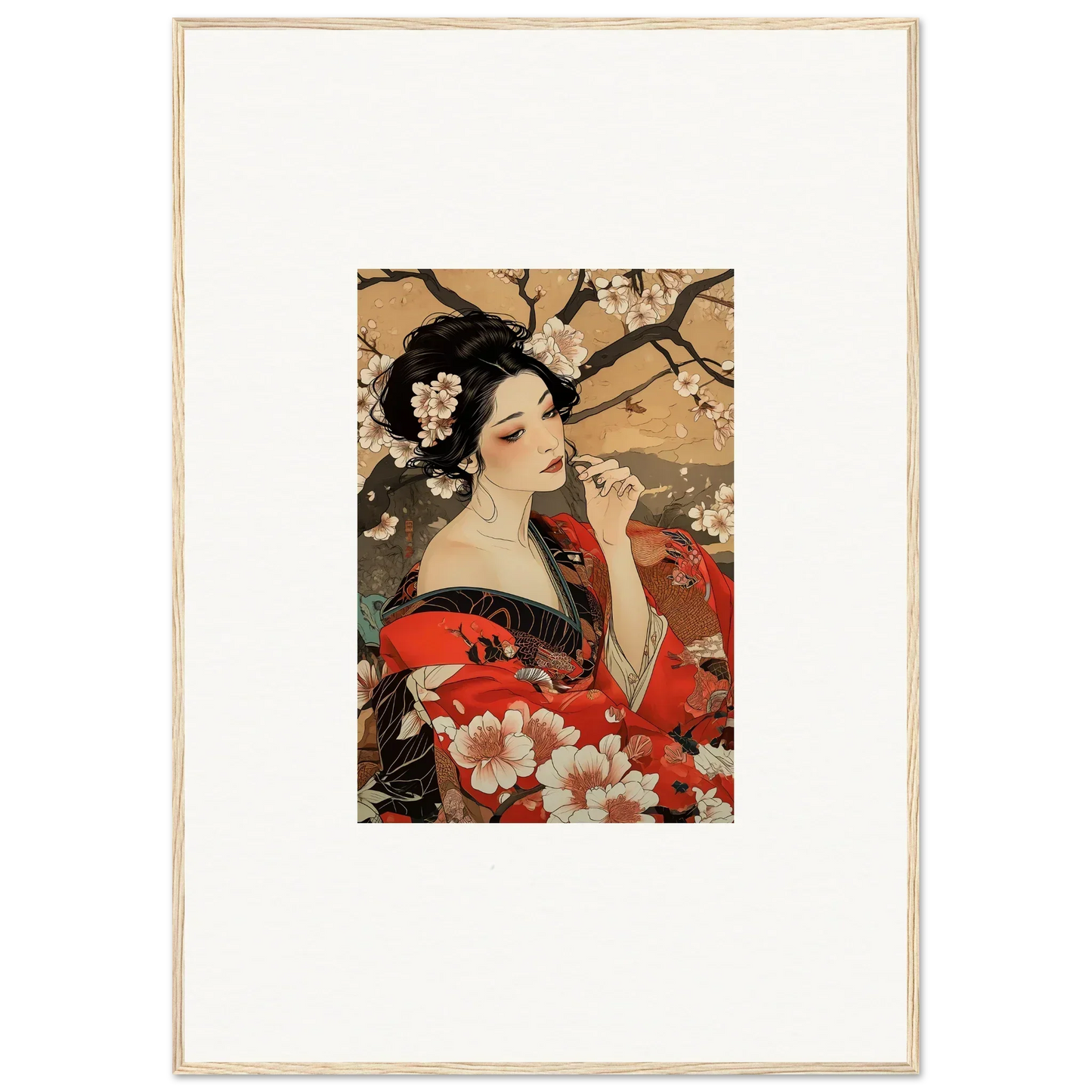 Japanese art print of a woman in a red kimono with cherry blossoms, perfect framed wall art