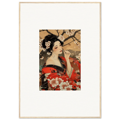 Japanese art print of a woman in a red kimono with cherry blossoms, perfect framed wall art