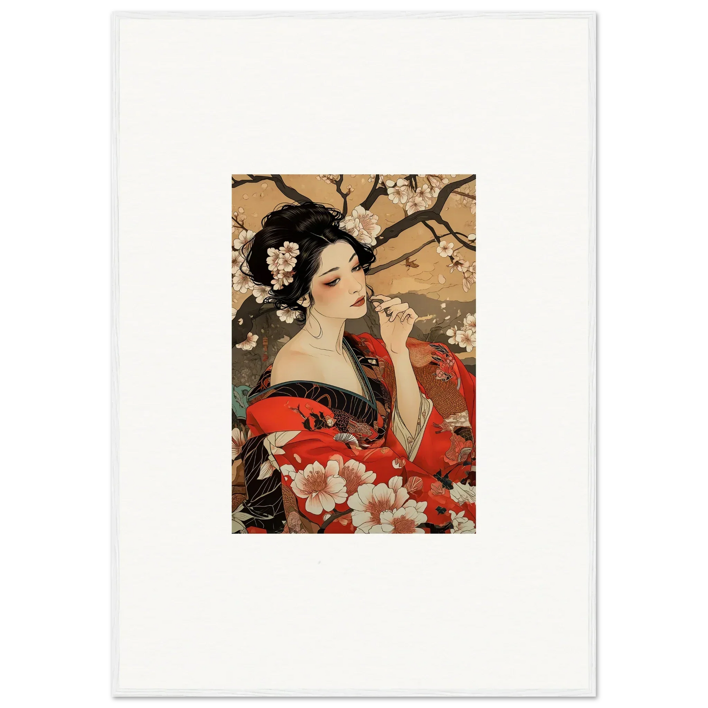 Japanese art print of woman in red kimono surrounded by cherry blossoms for premium framed wall art