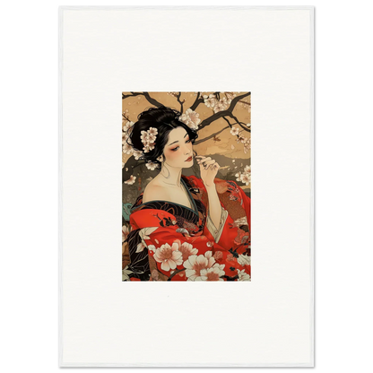 Japanese art print of woman in red kimono surrounded by cherry blossoms for premium framed wall art