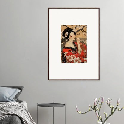 Premium framed wall art featuring a geisha among cherry blossoms in Wisps of Eternity