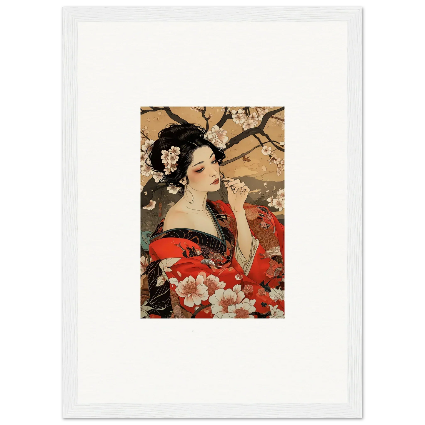 Traditional Japanese art print of a woman in a red kimono with cherry blossoms for Wisps of Eternity