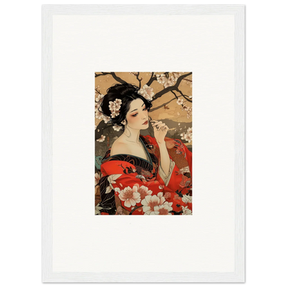 Traditional Japanese art print of a woman in a red kimono with cherry blossoms for Wisps of Eternity