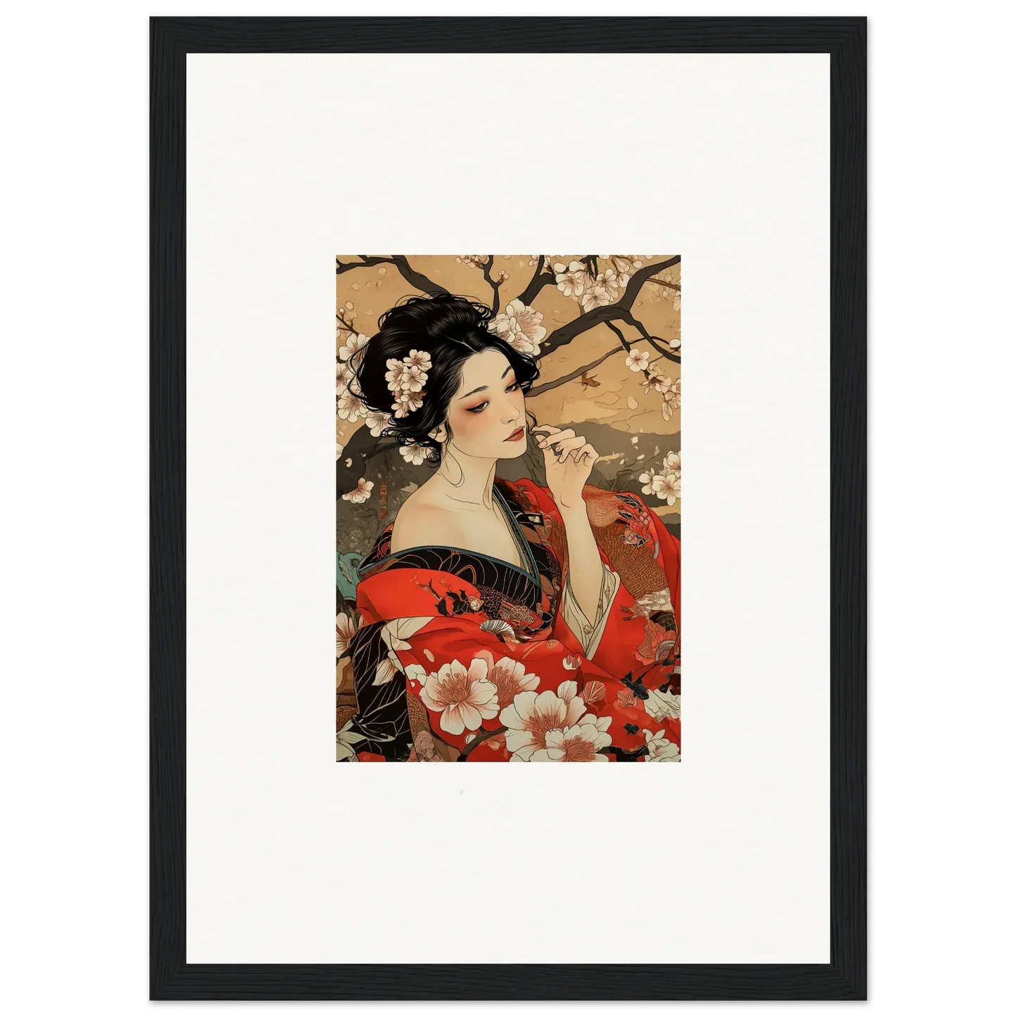 Framed wall art of a woman in a red kimono among cherry blossoms, Wisps of Eternity