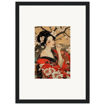 Framed wall art of a woman in a red kimono among cherry blossoms, Wisps of Eternity