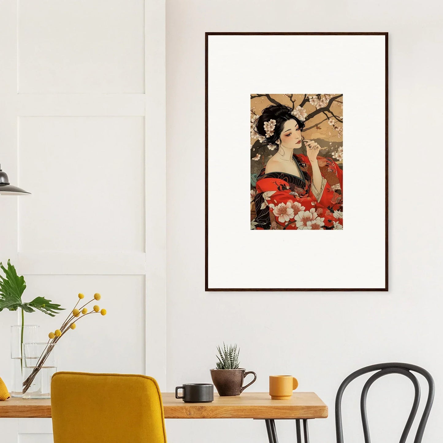 Framed Japanese geisha artwork with red florals, perfect for premium framed wall art