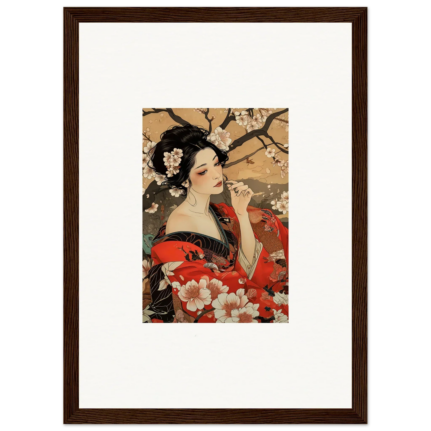 Framed wall art of woman in red kimono surrounded by cherry blossoms in Wisps of Eternity