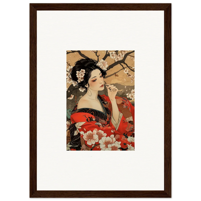 Framed wall art of woman in red kimono surrounded by cherry blossoms in Wisps of Eternity