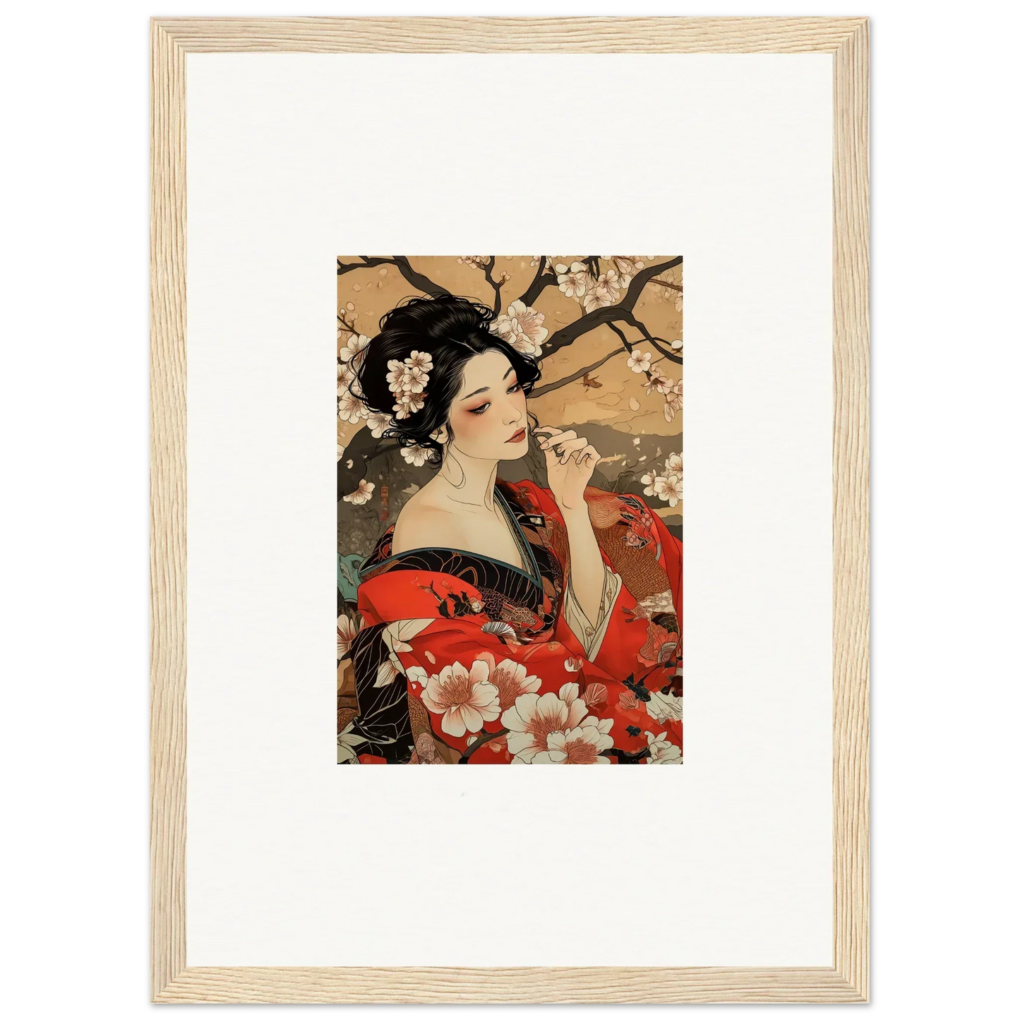 Framed wall art of a woman in a red kimono with cherry blossoms, Wisps of Eternity