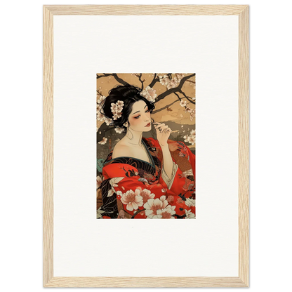 Framed wall art of a woman in a red kimono with cherry blossoms, Wisps of Eternity