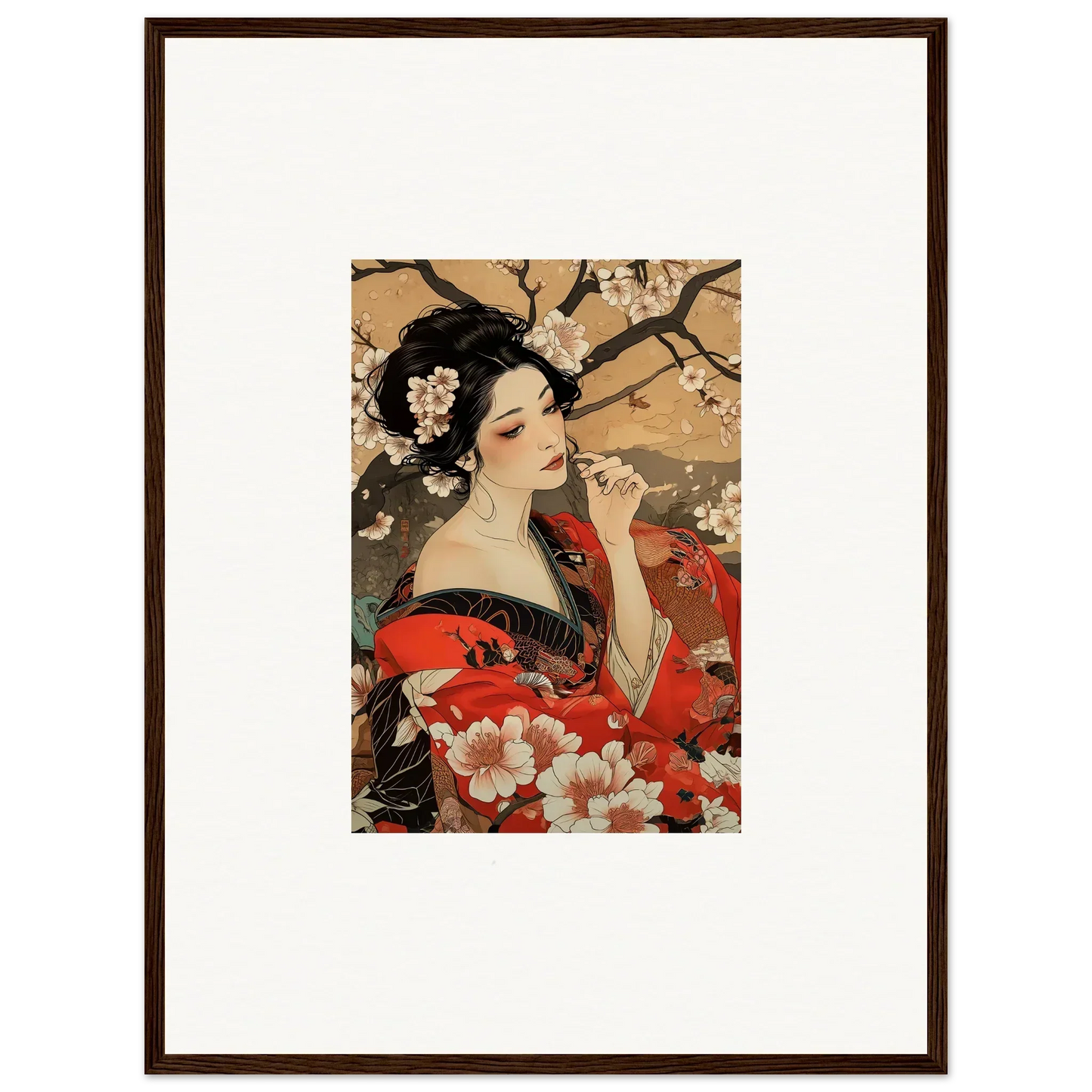 Traditional Japanese art print of a woman in a red kimono with cherry blossoms, special edition art™