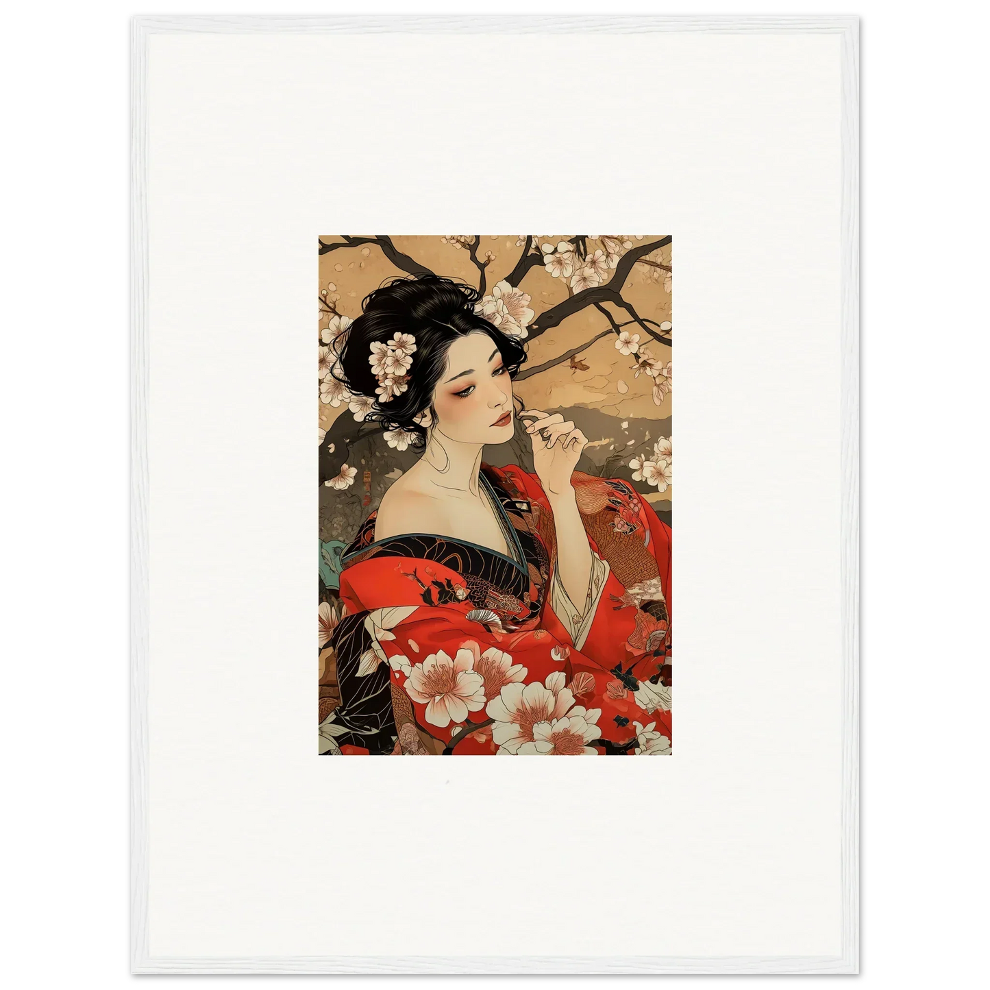 Japanese art print of a figure in a red kimono with cherry blossoms, premium framed wall art