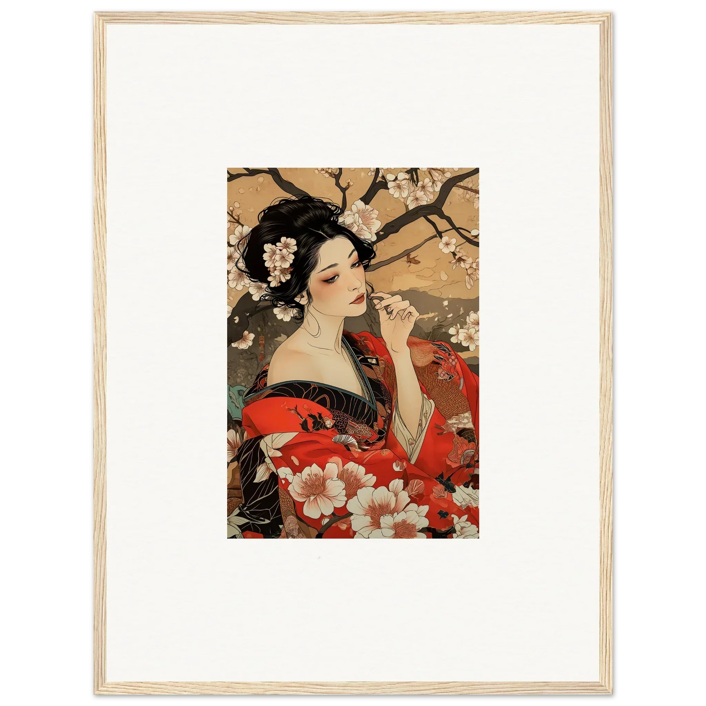 Japanese woodblock print of a woman in a red kimono with cherry blossoms, special edition art™