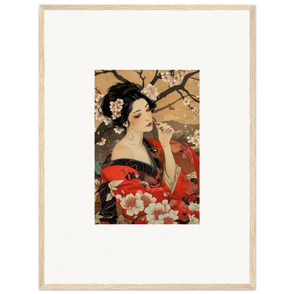 Japanese woodblock print of a woman in a red kimono with cherry blossoms, special edition art™