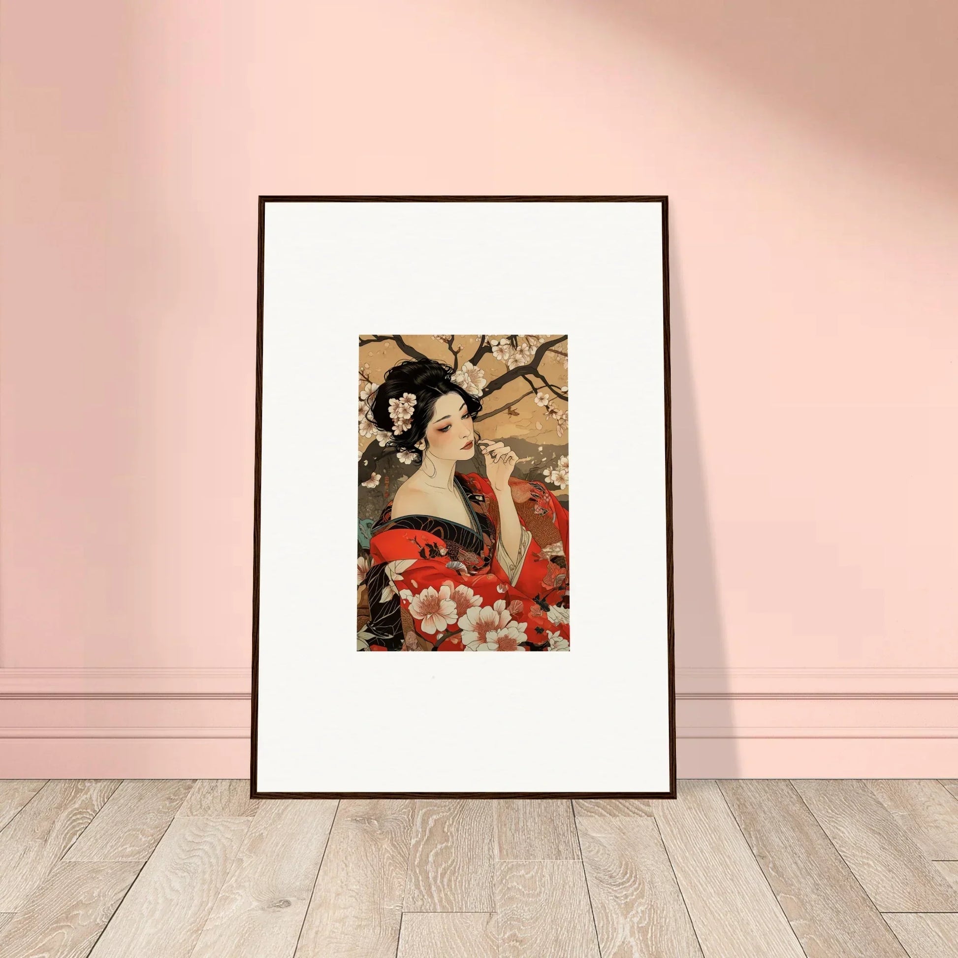 Framed wall art of a geisha and cherry blossoms in special edition art™ style