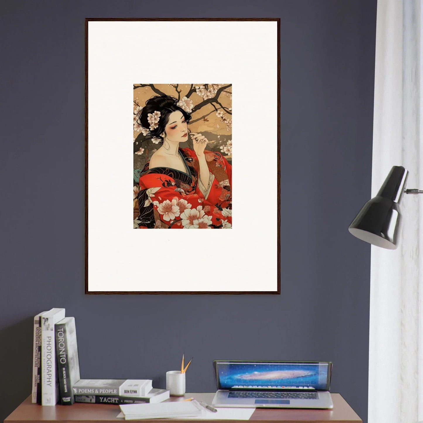 Framed wall art of a geisha in a red floral kimono among cherry blossoms