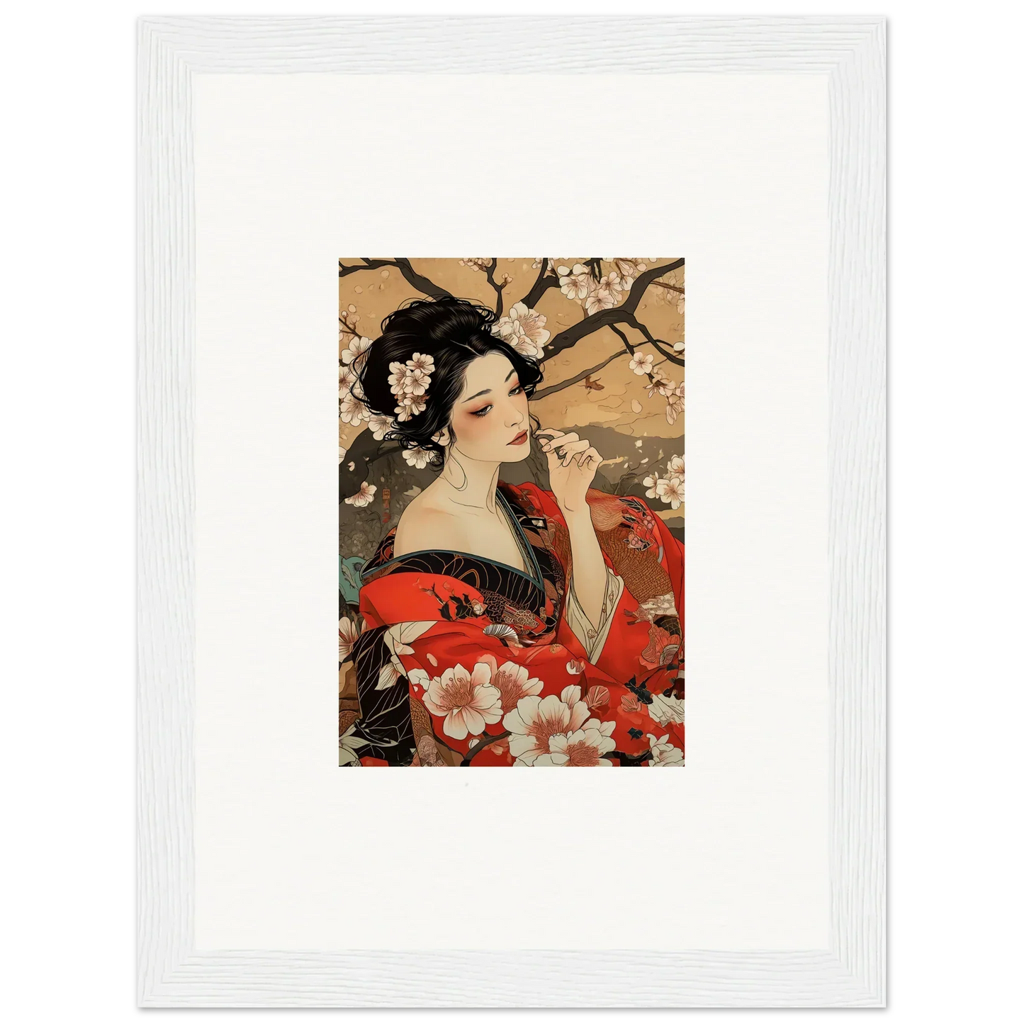 Traditional Japanese art print of a woman in red kimono with cherry blossoms for premium framed wall art