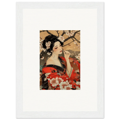 Traditional Japanese art print of a woman in red kimono with cherry blossoms for premium framed wall art