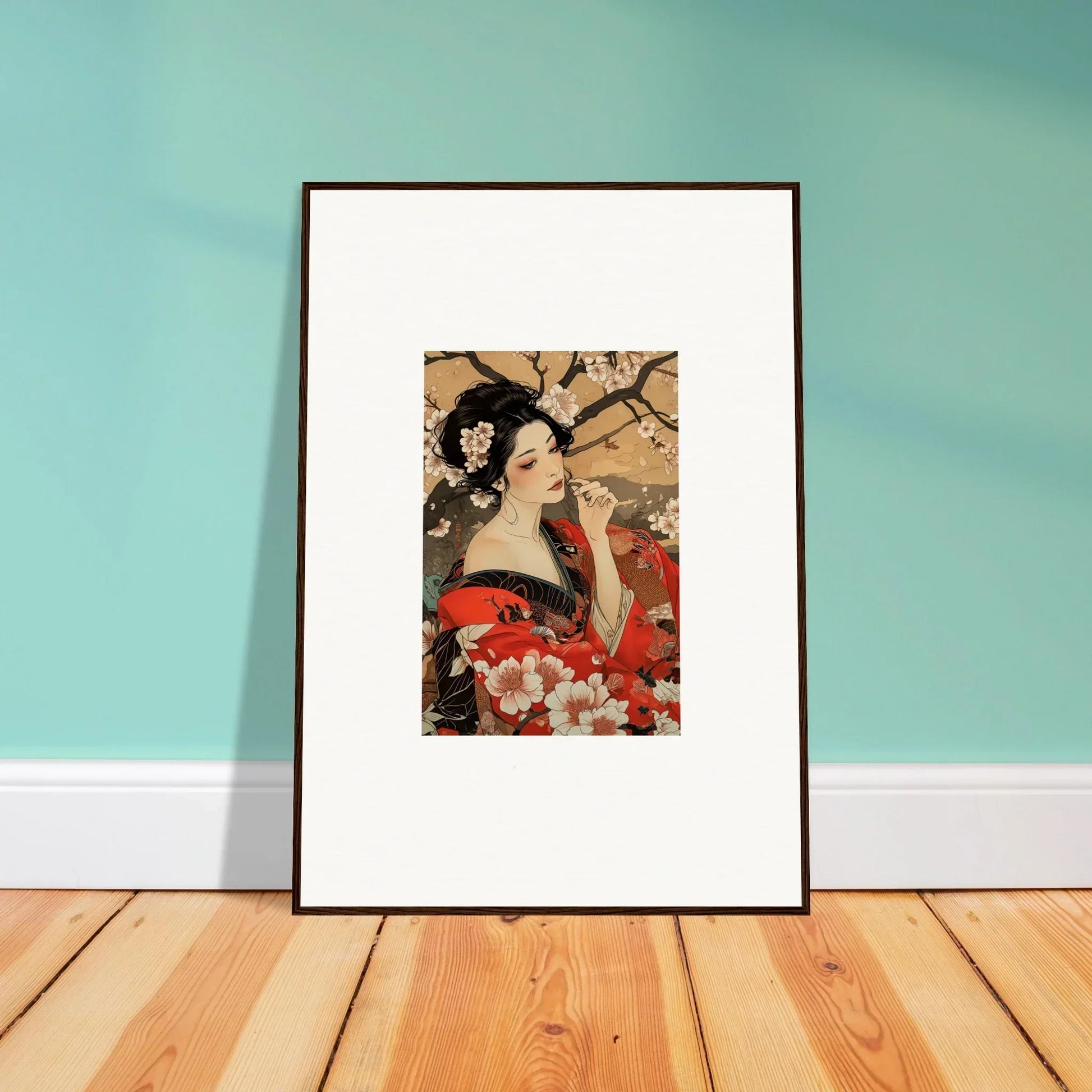 Framed wall art featuring a geisha in red kimono and floral background from Wisps of Eternity