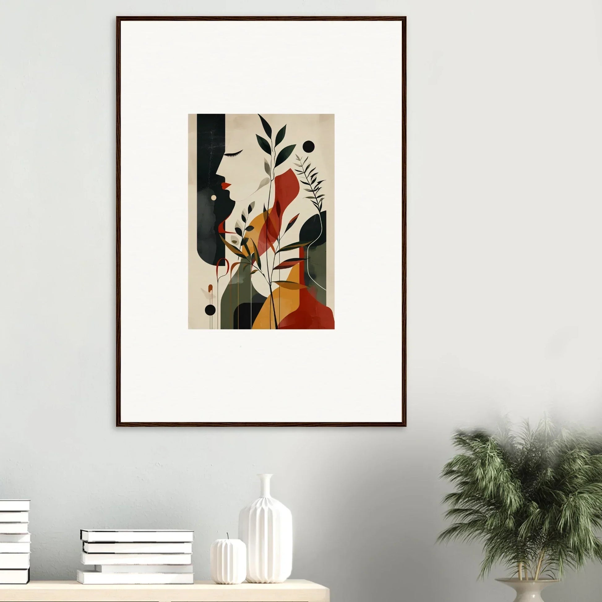 Framed wall art featuring autumn whispers with organic shapes and warm colors for room decor