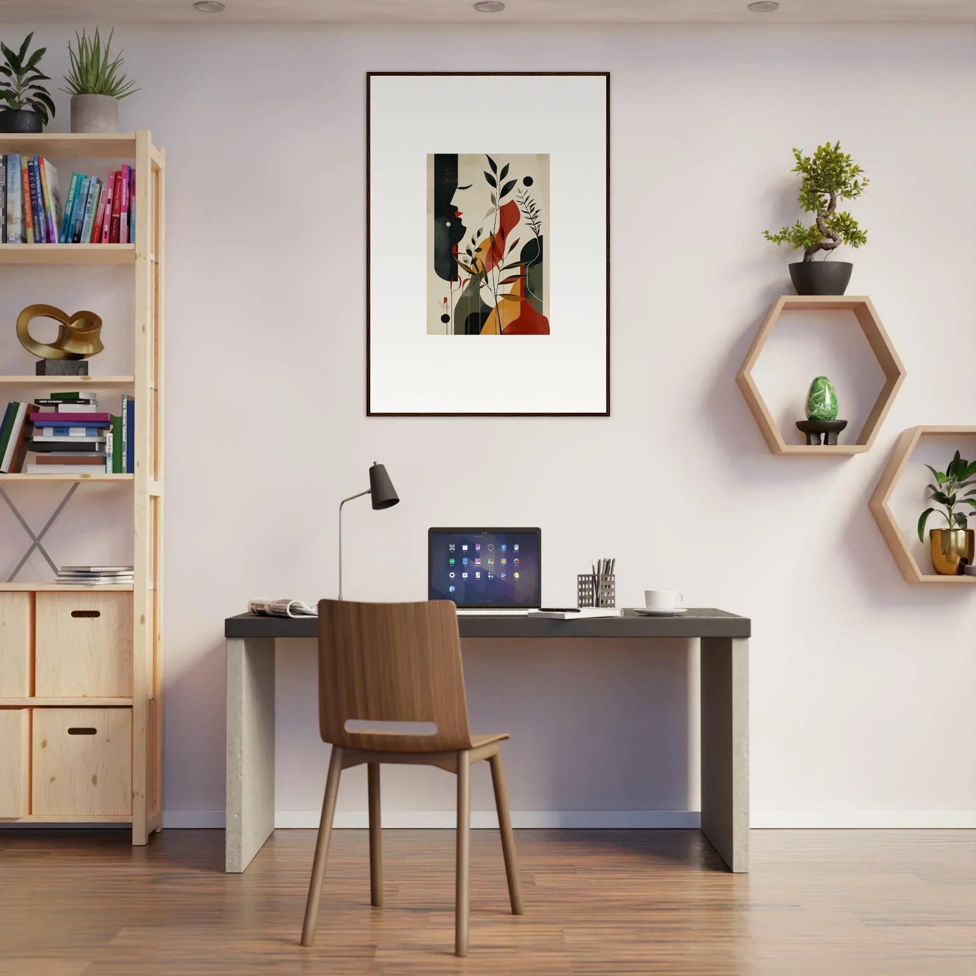 Home office workspace featuring autumn whispers decor with shelves and framed wall art