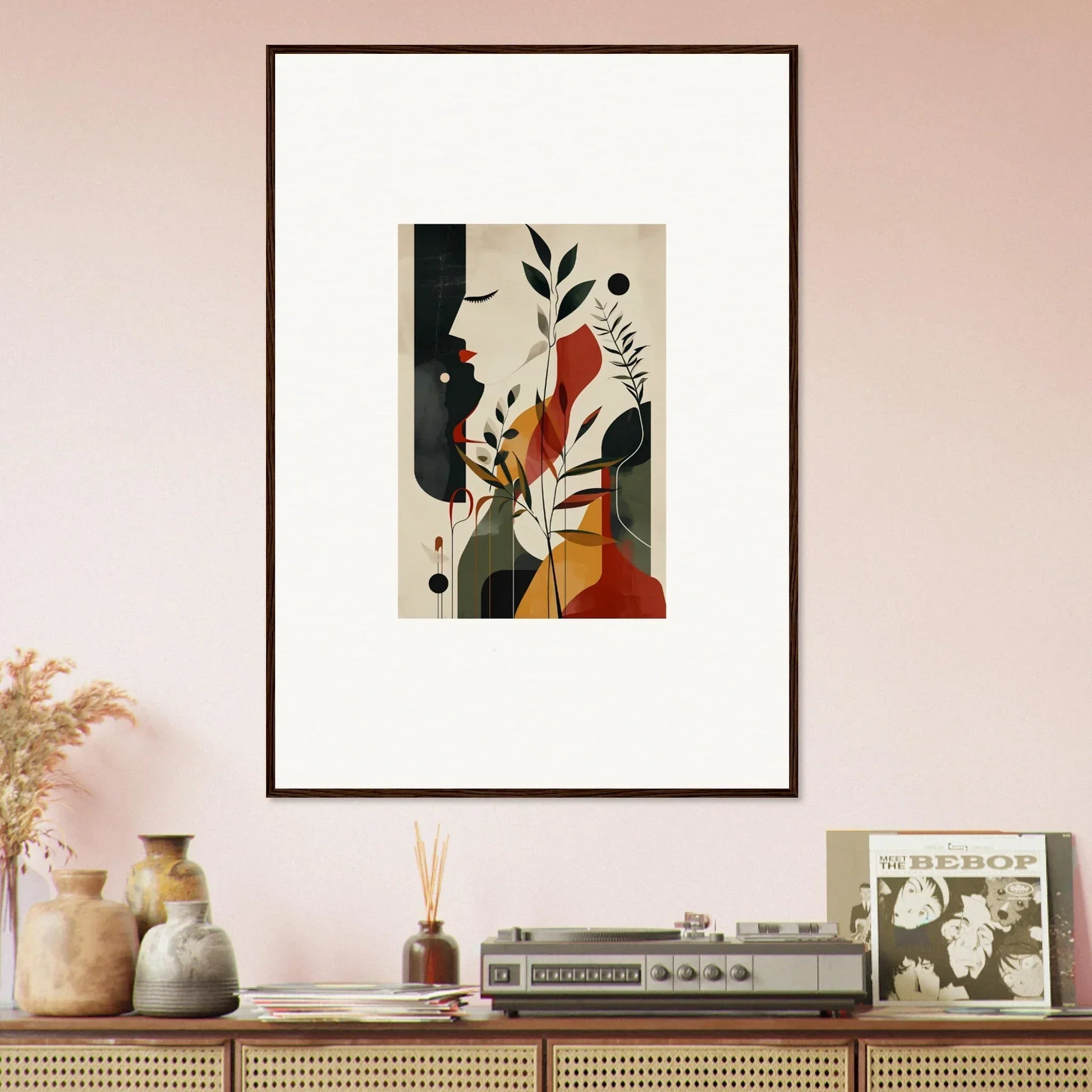 Framed wall art featuring autumn whispers with stylized profiles and botanical elements