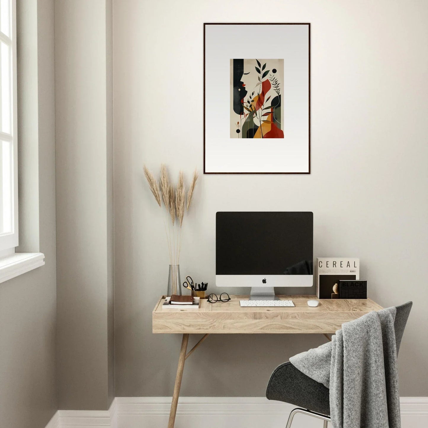 Minimalist wooden desk with computer monitor and Framed Wall Art for Autumn Whispers decor