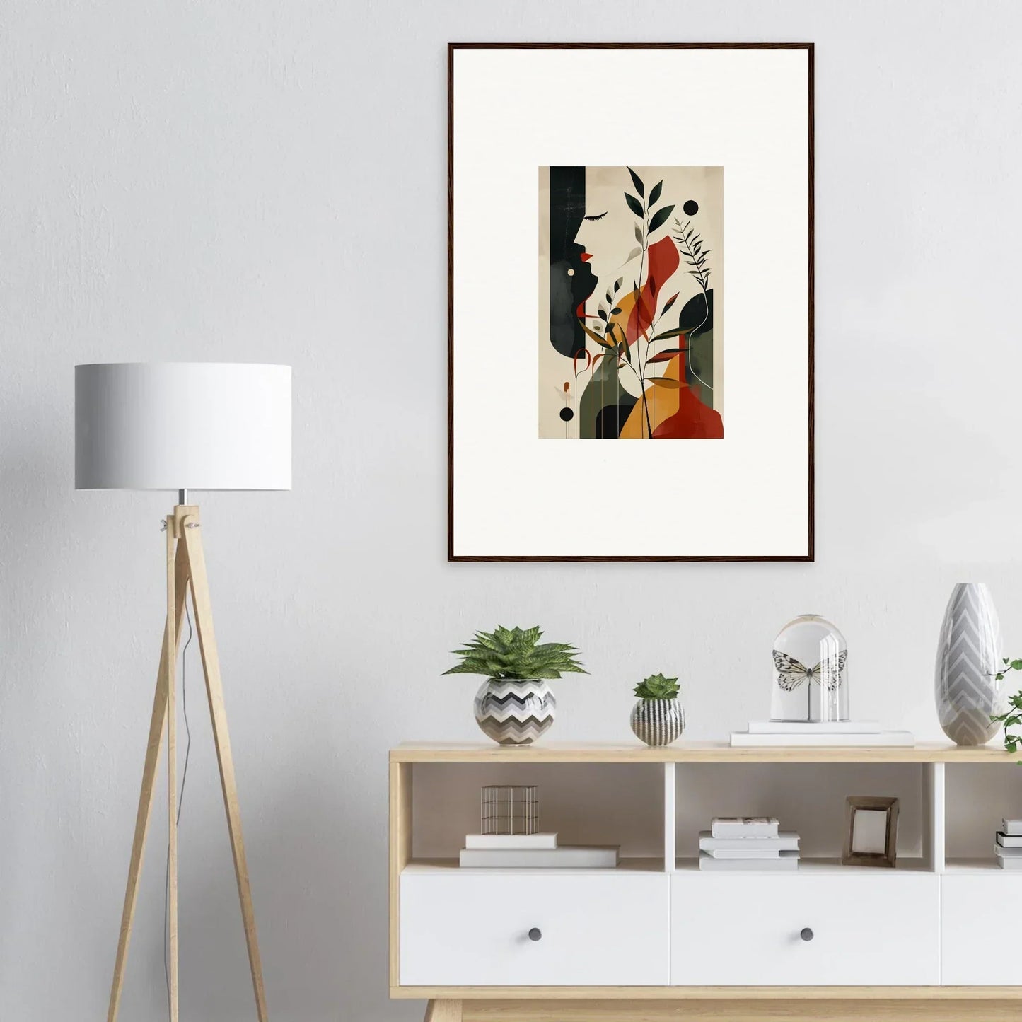 Framed wall art of abstract figures and botanical elements in earthy tones for autumn whispers