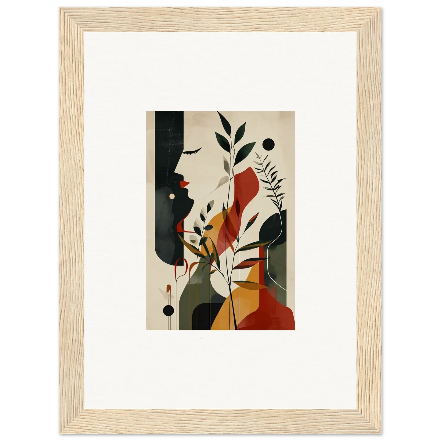 Framed wall art of autumn whispers with geometric shapes and organic leaf forms