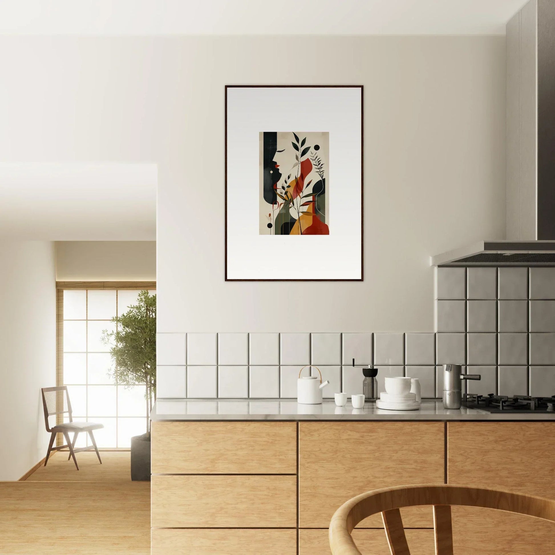 Modern kitchen showcasing wooden cabinetry and framed wall art, inspired by Autumn Whispers