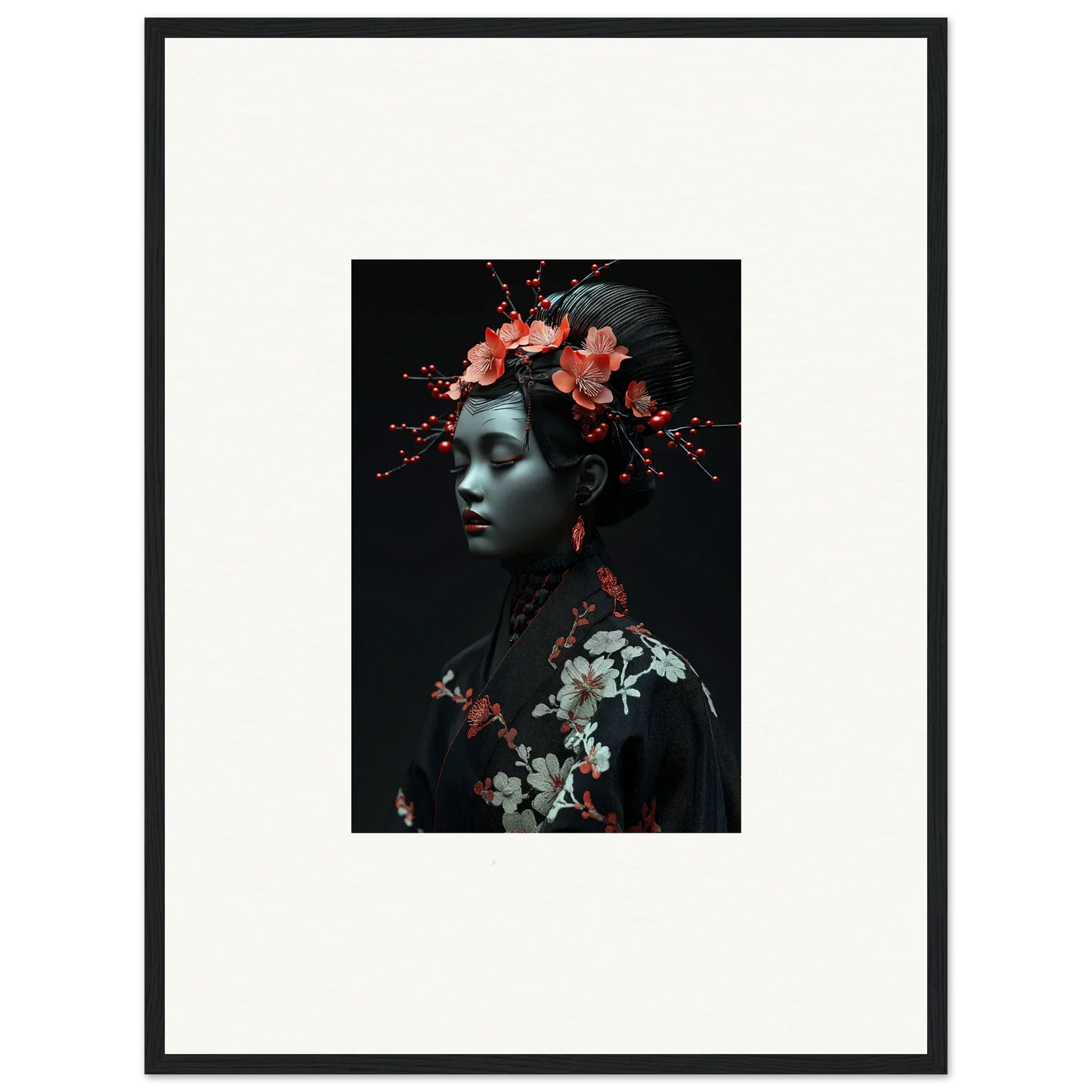 Framed canvas print of a person with red flowers for a midnight reverie room decoration