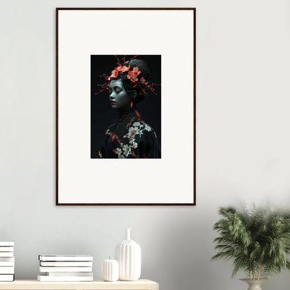 Framed canvas print of a figure with red flowers in a midnight reverie for room decoration