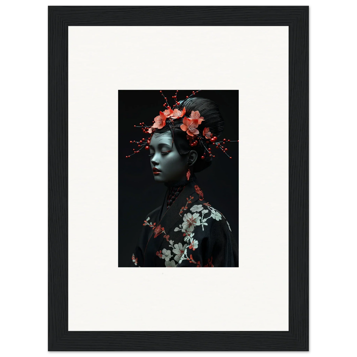 Framed canvas print of a figure with floral elements in Midnight Reverie style