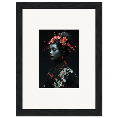 Framed canvas print of a figure with floral elements in Midnight Reverie style