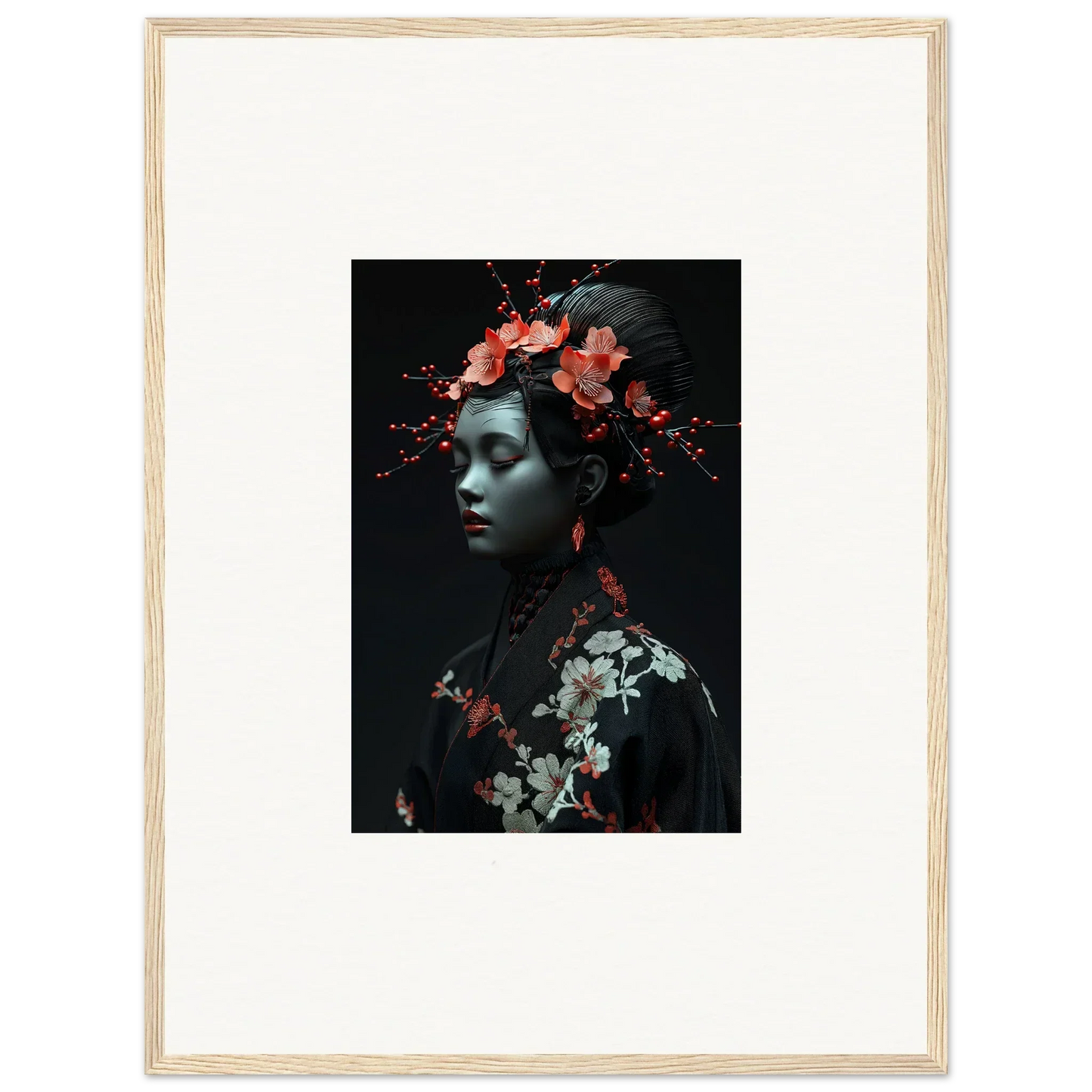 Framed canvas print of a person with red flowers in a midnight reverie for room decoration