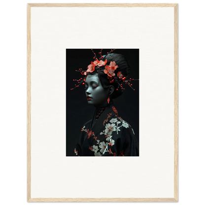 Framed canvas print of a person with red flowers in a midnight reverie for room decoration