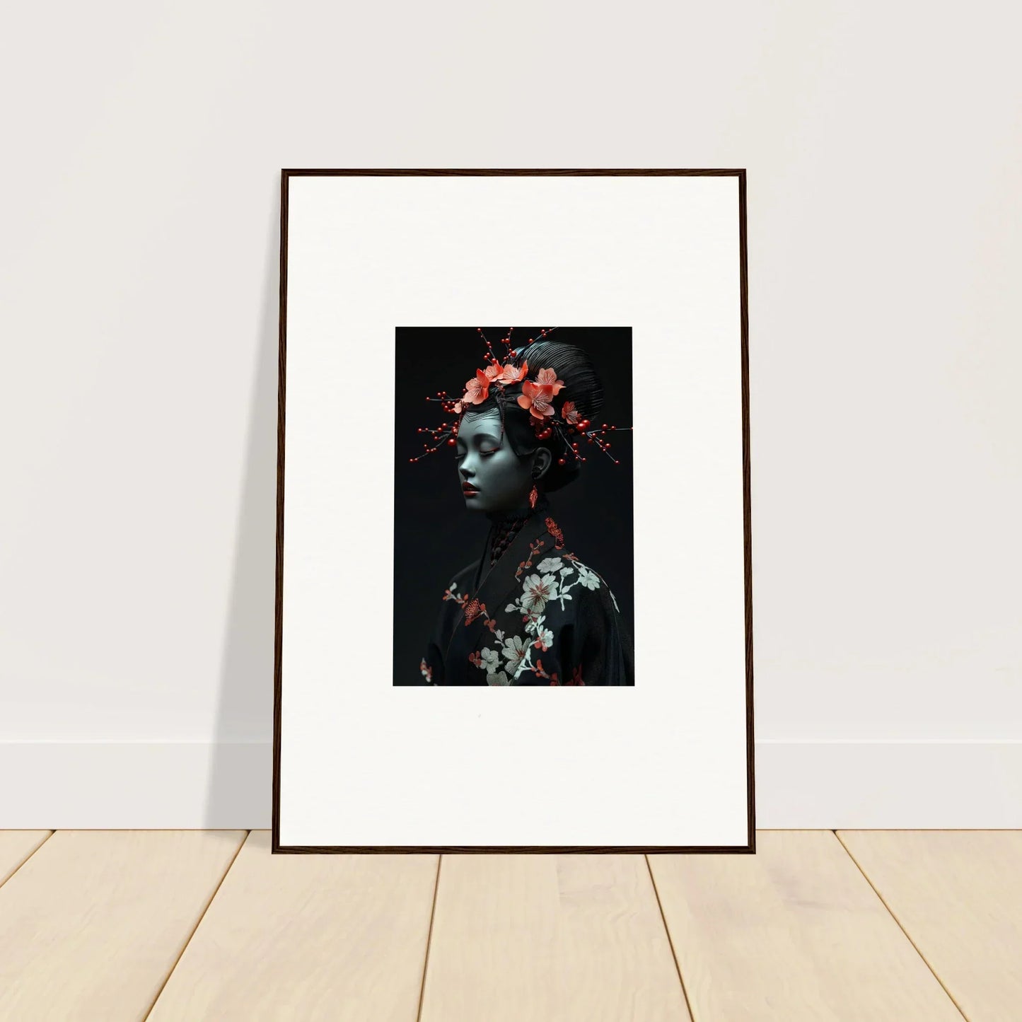 Framed canvas print of a floral figure for a chic midnight reverie room decoration