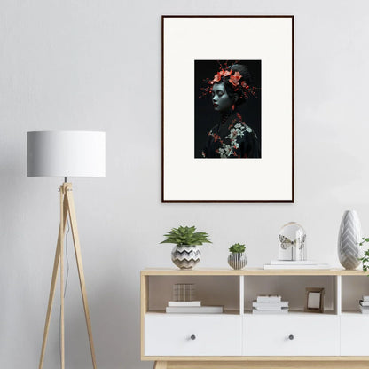 Framed canvas print of a figure with flowers in a midnight reverie for room decoration