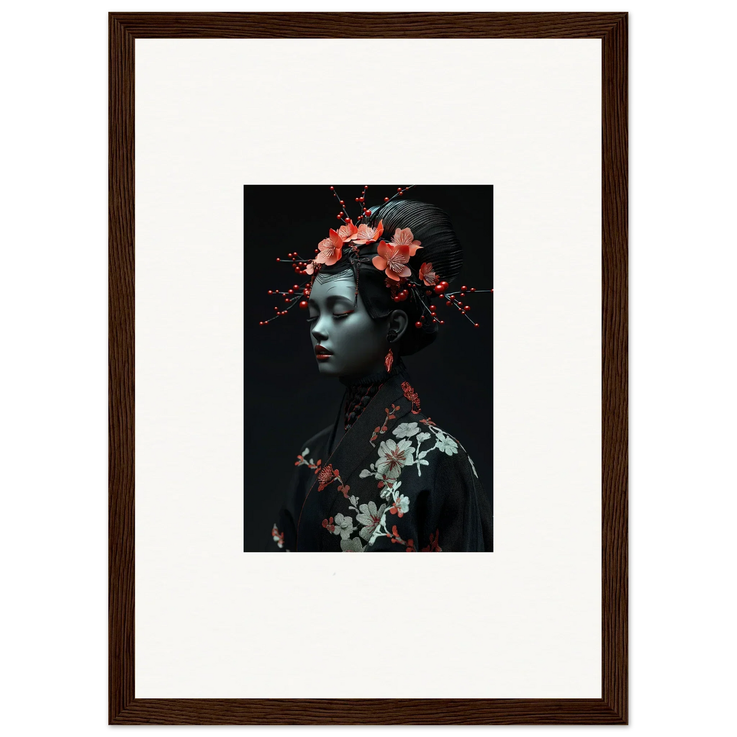 Framed canvas print of a person with floral elements in a midnight reverie theme