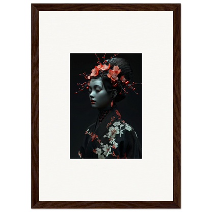 Framed canvas print of a person with floral elements in a midnight reverie theme