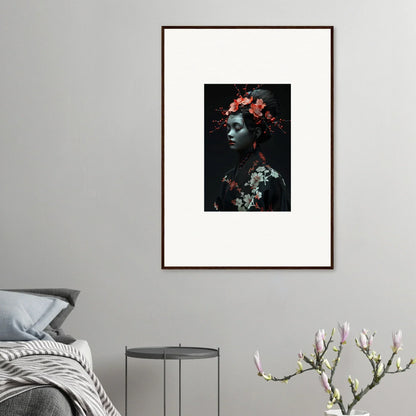 Framed canvas print of a figure with red flowers, perfect for midnight reverie room decoration